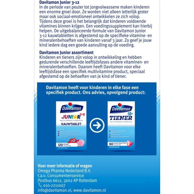 Davitamon Junior 3+ Multivitamine Kinderen Frambozensmaak 120 Kauwvitamines