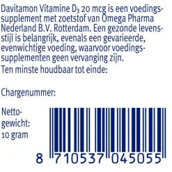 Davitamon Vitamine D3 20 mcg Smelttabletten 60+15 stuks