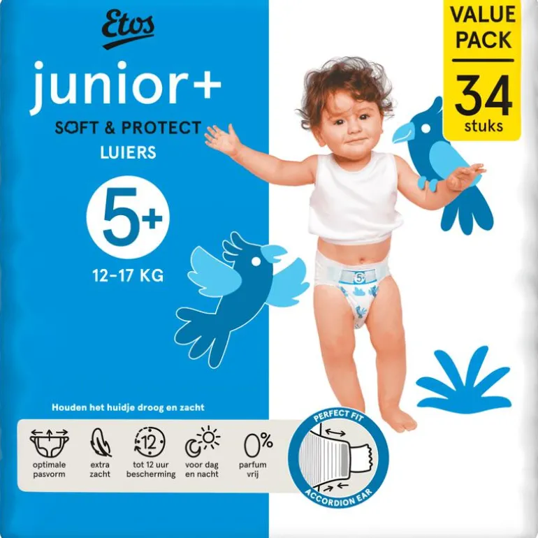 Etos Luiers Junior+ Maat 5+ 12-17 kg Value Pack 34 stuks